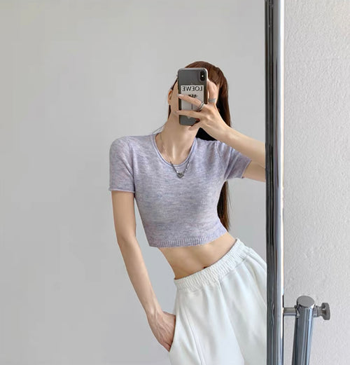 Elegant Round Neck Short Sleeves Crop Top – Knitted Cotton w/ Closed Buttons Tops | Classic Basic Fashion Piece