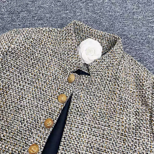 Brass Elegant Style Tweed Cropped Blazer Jacket - Trendy Single Breasted Outfit w/ Yellow Buttons for Winter| High Quality Short Suit Top