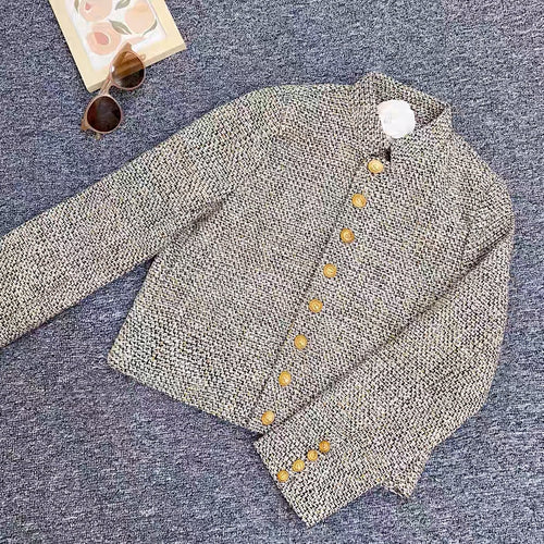 Brass Elegant Style Tweed Cropped Blazer Jacket - Trendy Single Breasted Outfit w/ Yellow Buttons for Winter| High Quality Short Suit Top