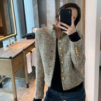 Brass Elegant Style Tweed Cropped Blazer Jacket - Trendy Single Breasted Outfit w/ Yellow Buttons for Winter| High Quality Short Suit Top