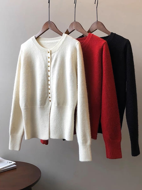 Women Elegant Round Neck Long Sleeves Top – Knitted Cotton w/ Closed Buttons Cardigan Tops | Classic Basic Fashion Piece