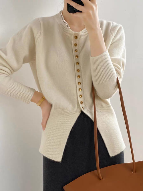 Women Elegant Round Neck Long Sleeves Top – Knitted Cotton w/ Closed Buttons Cardigan Tops | Classic Basic Fashion Piece