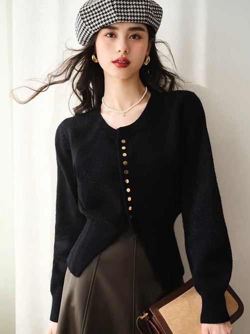 Women Elegant Round Neck Long Sleeves Top – Knitted Cotton w/ Closed Buttons Cardigan Tops | Classic Basic Fashion Piece