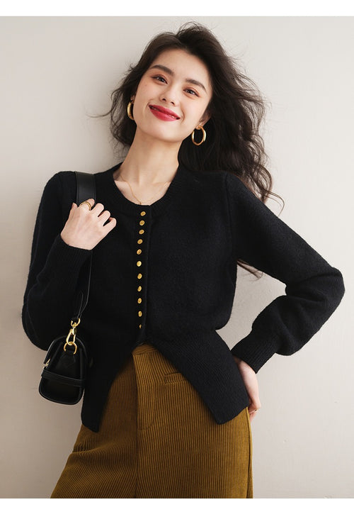 Women Elegant Round Neck Long Sleeves Top – Knitted Cotton w/ Closed Buttons Cardigan Tops | Classic Basic Fashion Piece