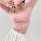 Elegant Square Neck Long Sleeves Crop Top – Knitted Cotton w/ Closed Buttons Tops | Classic Basic Fashion Piece