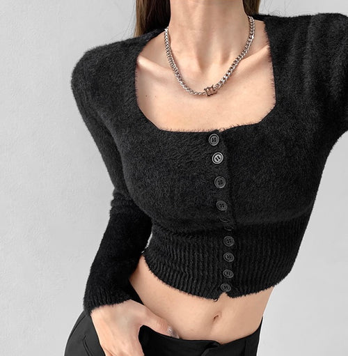 Elegant Square Neck Long Sleeves Crop Top – Knitted Cotton w/ Closed Buttons Tops | Classic Basic Fashion Piece