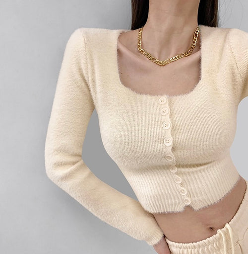 Elegant Square Neck Long Sleeves Crop Top – Knitted Cotton w/ Closed Buttons Tops | Classic Basic Fashion Piece