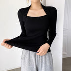 Elegant Square Neck Long Sleeves Top – Knitted Cotton Tops | Classic Basic Fashion Piece