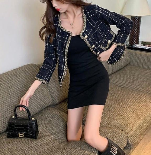 Dark Blue Elegant Style Tweed Cropped Blazer Jacket - Trendy Vintage Style Single Breasted Outfit for Winter/Spring| High Quality Short Suit Top