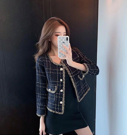 Dark Blue Elegant Style Tweed Cropped Blazer Jacket - Trendy Vintage Style Single Breasted Outfit for Winter/Spring| High Quality Short Suit Top