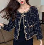 Dark Blue Elegant Style Tweed Cropped Blazer Jacket - Trendy Vintage Style Single Breasted Outfit for Winter/Spring| High Quality Short Suit Top