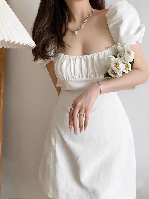 Elegant Women Puff Short Sleeves Mini Dress - Square Neck Cotton Midi Dress w/ Tie Back For Wedding & Casual Active