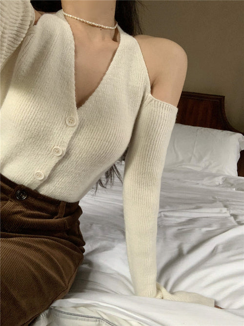 Chic V-neck Slim Long Sleeve Cardigan – Summer Knitted Stretchy Off The Shoulder Style Cotton | Elegant Basic Fashion Piece