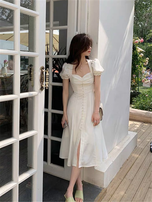 Women Smocked Puff Short Sleeves A-line Midi Dress - Square Neck Cut Out Cotton Midi Dress w/ buttons For Wedding & Casual