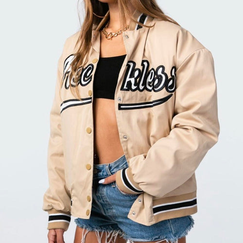 All Beige Varsity Jacket For Her - American Vintage Style Oversized Patchwork Baseball Bomber | Retro Streetwear Idea