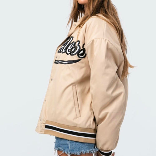 All Beige Varsity Jacket For Her - American Vintage Style Oversized Patchwork Baseball Bomber | Retro Streetwear Idea