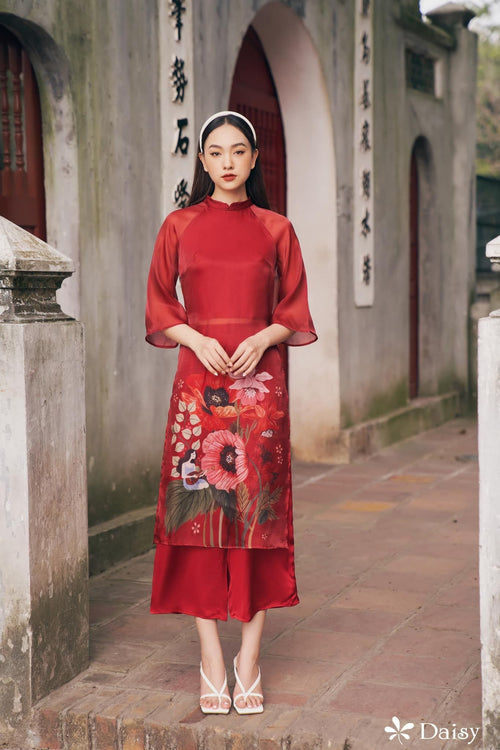 Elegant Floral Midi Dress in Shiny Silk - Embroidered Floral Dress Blouson Tunic Style for Casual | Wedding Guest Dress Ao Dai