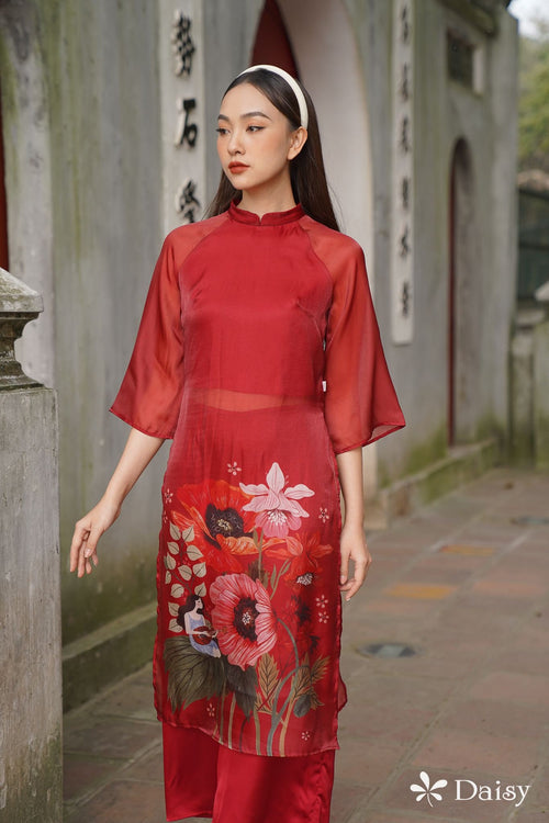 Elegant Floral Midi Dress in Shiny Silk - Embroidered Floral Dress Blouson Tunic Style for Casual | Wedding Guest Dress Ao Dai