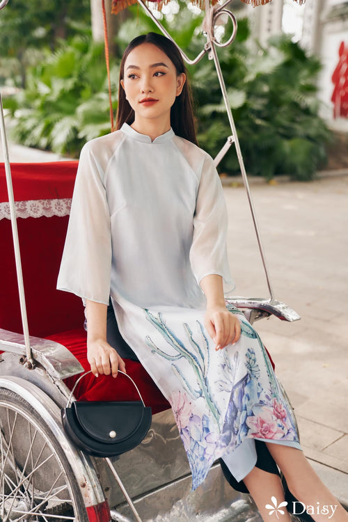 Elegant Floral Midi Dress in Shiny Silk - Embroidered Floral Cactus Dress Blouson Tunic Style for Casual | Midi Wedding Guest Dress Ao Dai