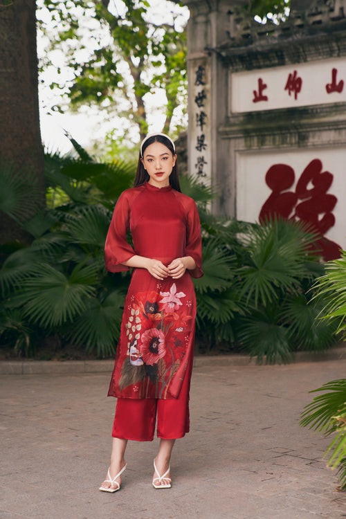 Elegant Floral Midi Dress in Shiny Silk - Embroidered Floral Dress Blouson Tunic Style for Casual | Wedding Guest Dress Ao Dai