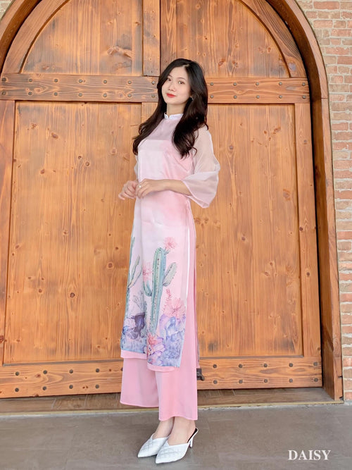 Elegant Floral Midi Dress in Shiny Silk - Embroidered Floral Cactus Dress Blouson Tunic Style for Casual | Midi Wedding Guest Dress Ao Dai