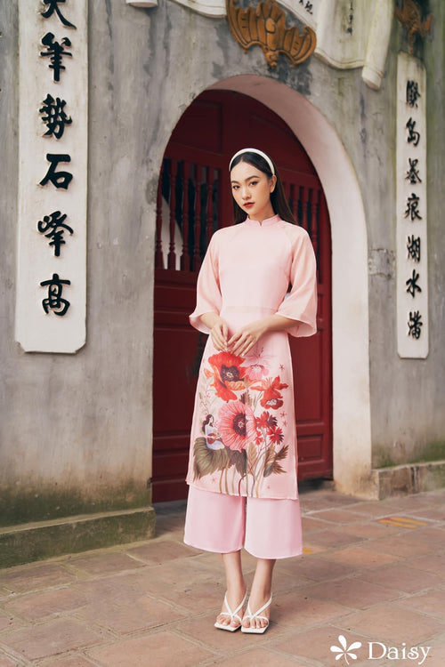 Elegant Floral Midi Dress in Shiny Silk - Embroidered Floral Dress Blouson Tunic Style for Casual | Wedding Guest Dress Ao Dai