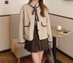 Trendy Combo Set | One Brown College Style Woolen Pocket Short Coat +  One Irregular Long Bow Tie Topstitched Shirt ( 2 items)