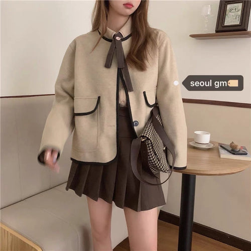 Trendy Combo Set | One Brown College Style Woolen Pocket Short Coat +  One Irregular Long Bow Tie Topstitched Shirt ( 2 items)