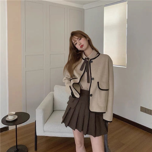 Trendy Combo Set | One Brown College Style Woolen Pocket Short Coat +  One Irregular Long Bow Tie Topstitched Shirt ( 2 items)