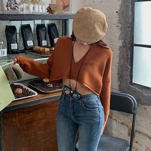 Brown Chic Style Cropped Sweater - V Neck Vintage Style Knitted Long Sleeve Outfit For Spring and Autumn | High Quality Sweater