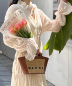Elegant Chic Women Puff Long Sleeves Midi Dress - V Neck Muse Voile Fabric Occasion Wedding Midi Dress | Elegant Basic Fashion