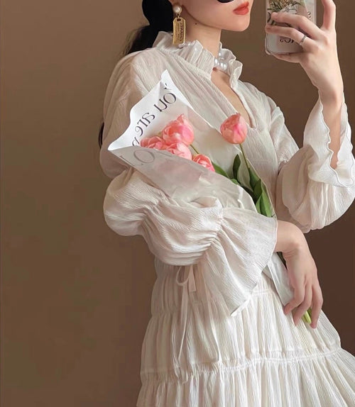 Elegant Chic Women Puff Long Sleeves Midi Dress - V Neck Muse Voile Fabric Occasion Wedding Midi Dress | Elegant Basic Fashion