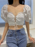 Women Puff Short Sleeves Crop Top - Sweetheart Neck Cut Out Cotton Blouse w/ Front Tie | Elegant Basic Fashion
