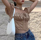 Women Puff Short Sleeves Crop Top - Square Neck Cotton Blouse | Elegant Basic Fashion Piece