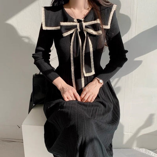 Retro Women Long Sleeve Midi Dress - One Size Pleated Knitted Midi Dress w/ V Neck &  Bow Tie Front Wedding Casual Event| Elegant Basic Fashion Piece