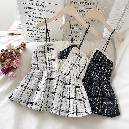 Two Piece Set | Elegant Checked Tweed Sleeveless Camisole Top Outside & Black Long Sleeves Solid High Neck Top Inside |Check Rhombus Pattern