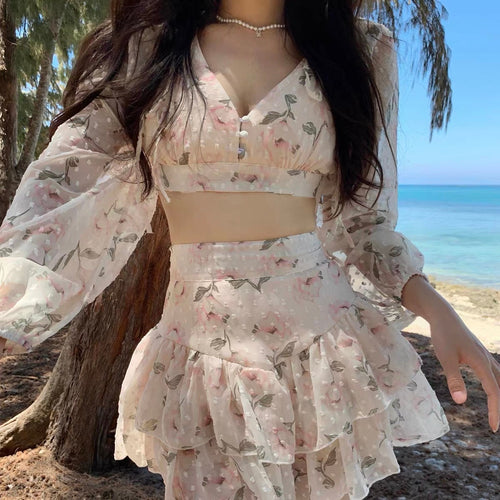 Two Piece Set | Puff Long Sleeves Backless Halter Neck Crop Top & Tiered Mini Skirt | Voile Rose Fabric Floral Summer for Casual