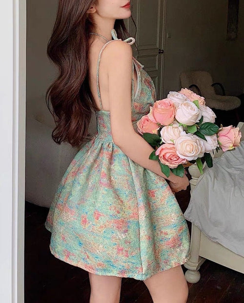 Chic Women Sleeveless Mini Bubble Dress - Floral Pattern Cotton Cami Dress w/ Halter Neck and Low-Back | Elegant Basic Fashion Piece