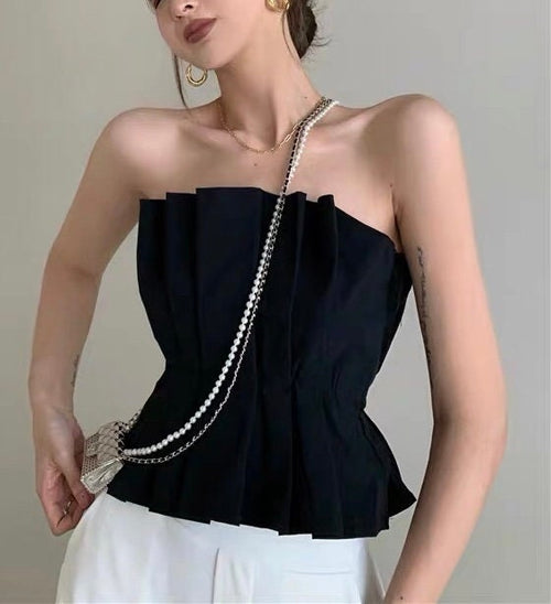 Women Sleeveless Tube Top - Strapless Pleated Cotton Tube Tops | Elegant Basic Fashion Piece