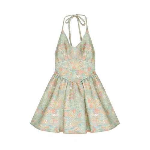 Chic Women Sleeveless Mini Bubble Dress - Floral Pattern Cotton Cami Dress w/ Halter Neck and Low-Back | Elegant Basic Fashion Piece
