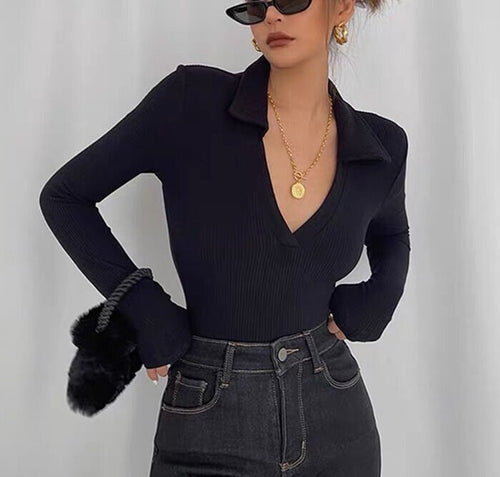 Elegant Women Long Sleeves Top - Polo Collar Deep V Low Cut Cut Out Knitted Top | Elegant Basic Fashion Piece
