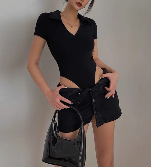Elegant Women Short Sleeves Bodysuit- Polo Collar Deep V Low Cut Cut Out Knitted Bodysuits | Elegant Basic Fashion Piece