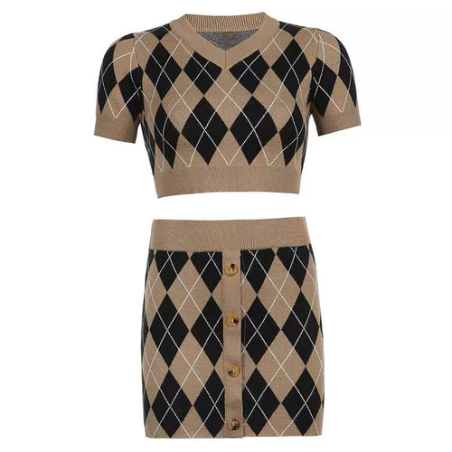 Two Piece Set | Elegant Short Sleeves Bodycon V Neck Knitted Crop Top & Mini Skirt w/ Buttons | Check Rhombus Pattern
