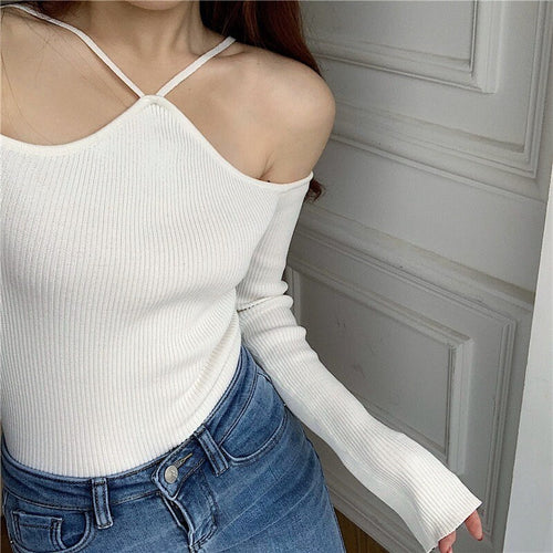 Women Long Sleeves Top - Front Cami Cross Halter Neck Knitted Off The Shoulder Ribbed Tops | Elegant Basic Fashion Piece