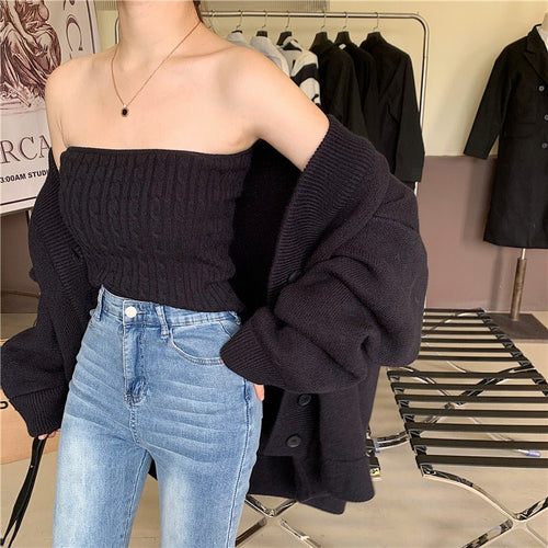 Two Piece Set | Elegant Long Sleeves Knitted Oversized Sweater Cardigan w/ Buttons & Knitted Ribbed Tube Top - All-match Colors