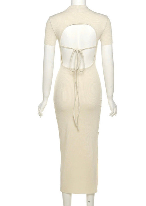 Chic Women Short Sleeves Polo Maxi Dress - Slim Fit Bodycon Cotton Split Hem Pencil Backless Dress w/ Tie Up  Elegant Basic Fashion Piece