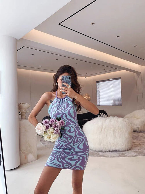 Chic Women Sleeveless Tie Dye Dress - Sexy Bodycon Style Cotton Mini Dress w/ Halter Neck & Tie Back | Elegant Basic Fashion Piece