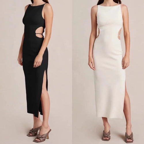 Women Sleeveless Midi Dress -Bodycon Cotton Split Hem Pencil Backless Dress w/ Halter Neck & Cut Out Side Belly | Elegant Basic Fashion