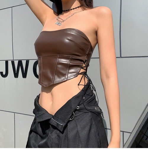 Elegant Women Sleeveless Tube Top - Side Strappy Shiny Leather Tube Cropped Tops | Elegant Basic Fashion Piece