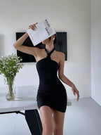 Elegant Chic Women Sleeveless Mini Dress - Sexy Bodycon Cotton Mini Dress w/ Cross Front Halter Neck | Elegant Basic Fashion